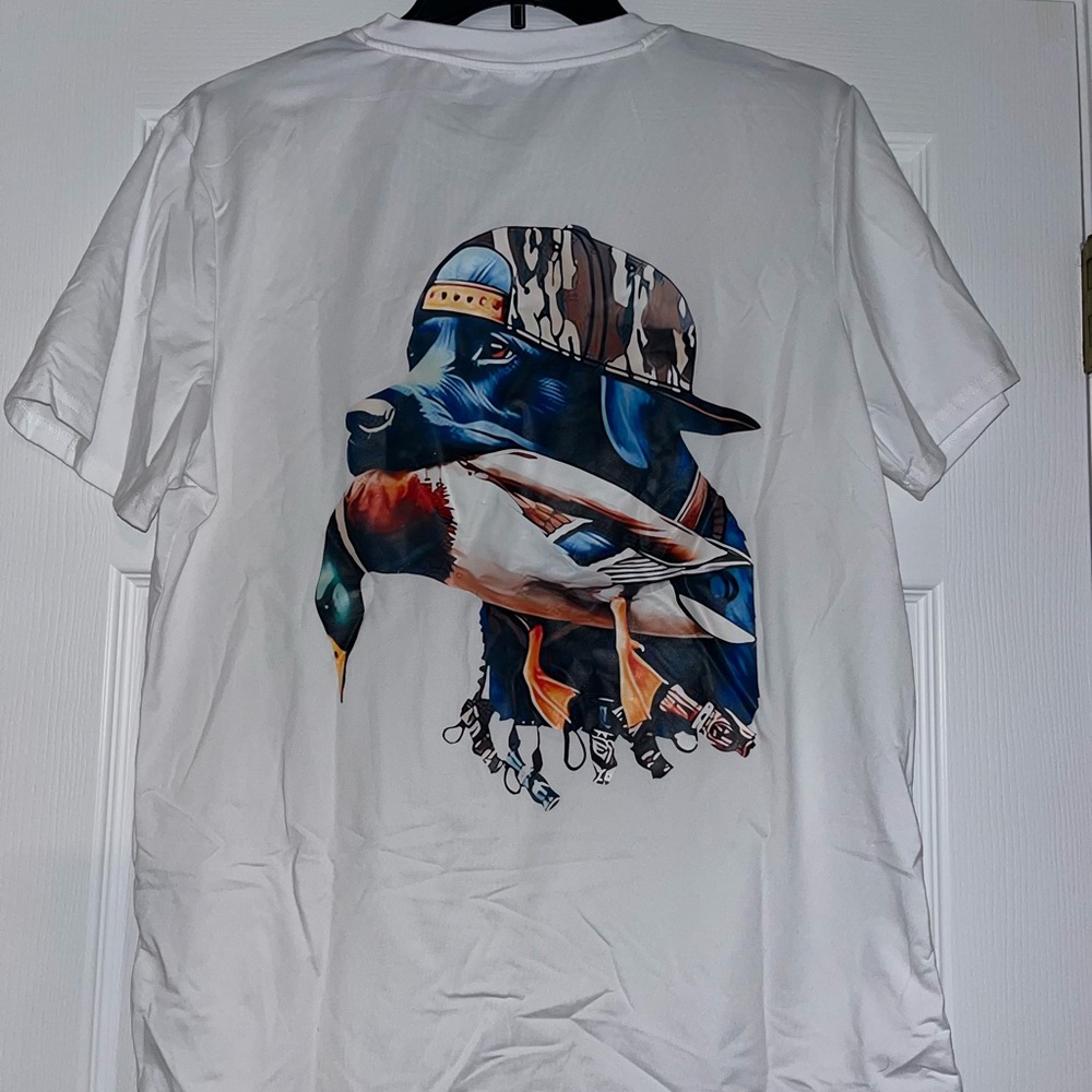 White T-Shirt with Dog and Duck Graphic